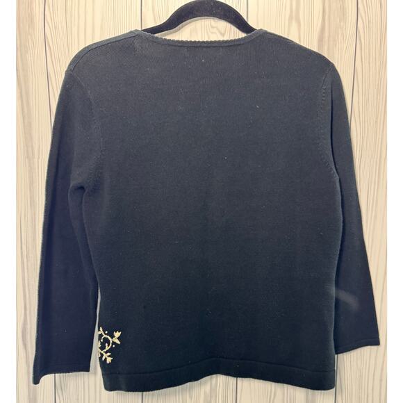 VTG Eagle Eye Black Cardigan Cream Floral Decor Button Up Size Small - Picture 3 of 7